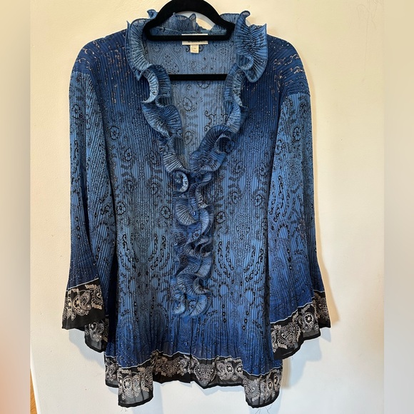 dressbarn Tops - Dressbarn Glitter Blue and Black Ruffled Blouse